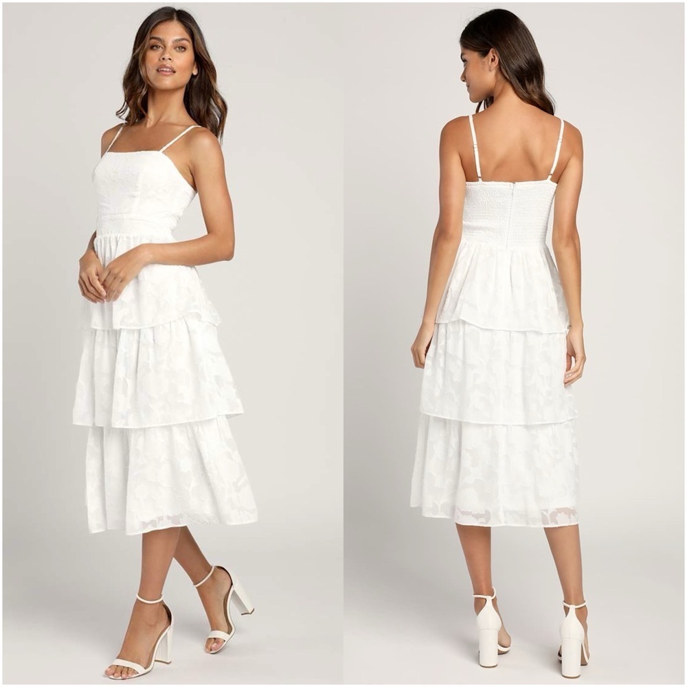 LULU’S Grace And Beauty White Burnout Floral Print Tiered Midi Dress
